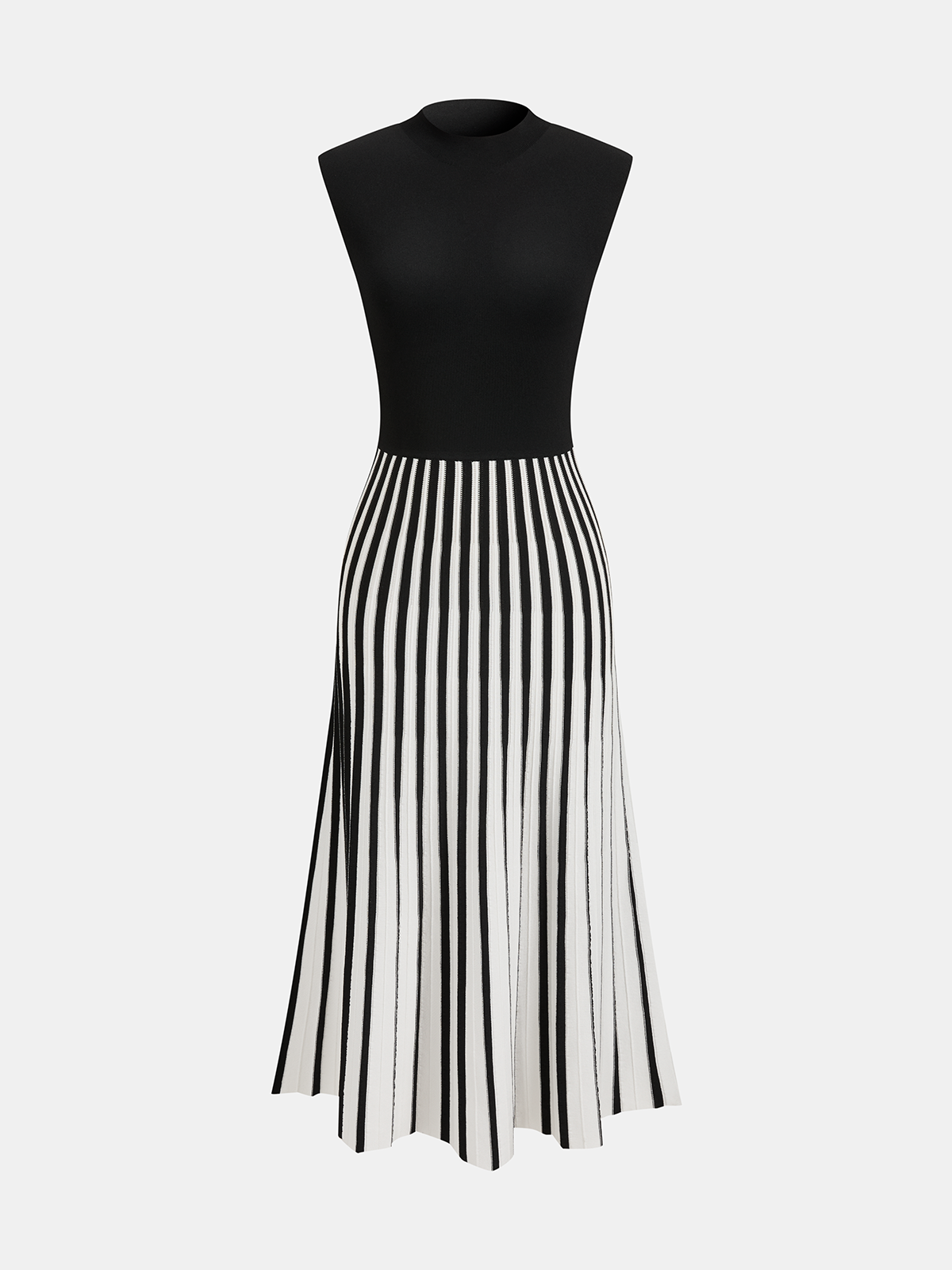 Striped Midi Dress with Sleeveless Mock Neck Design