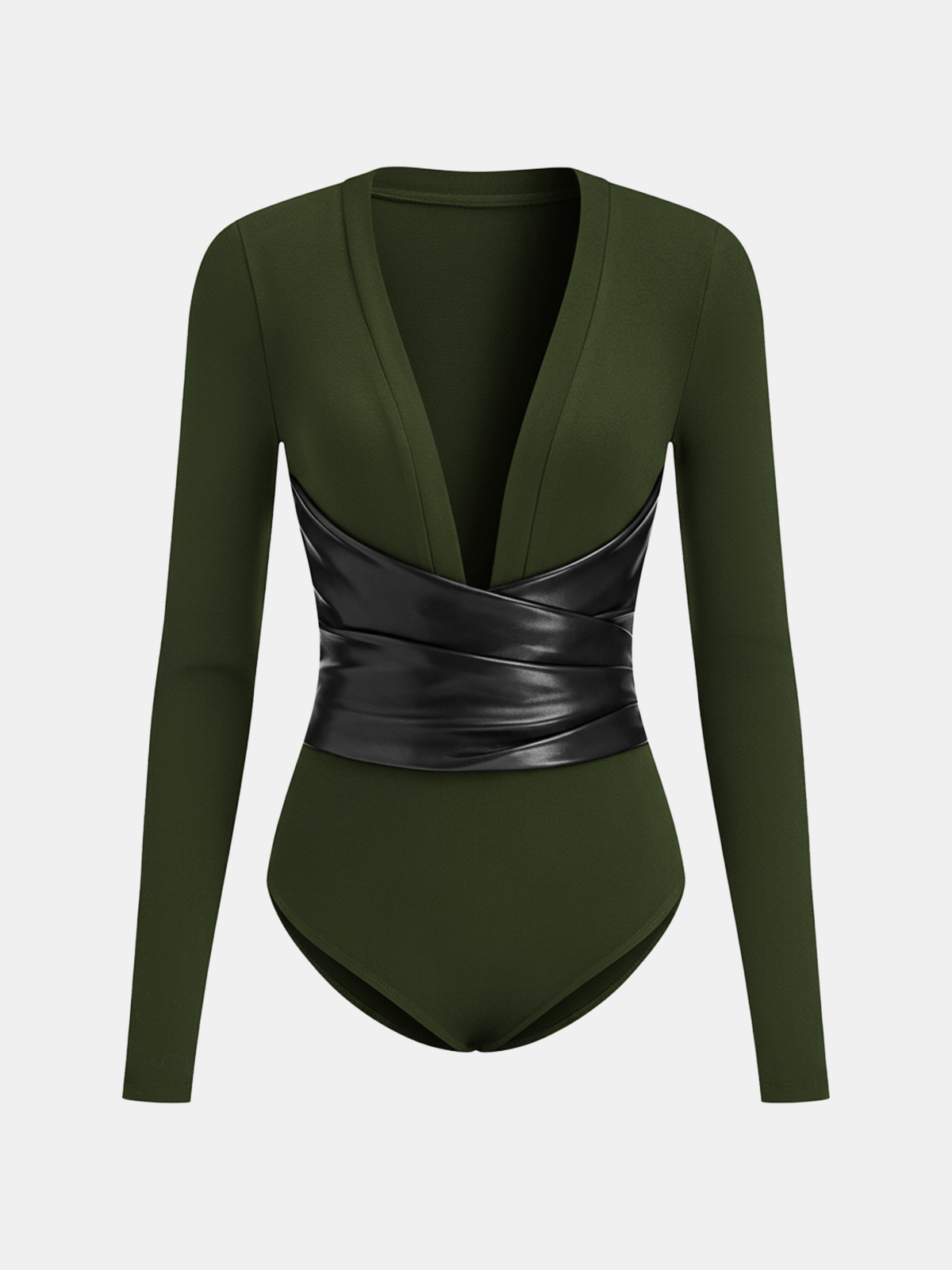 V-Neck Faux Leather Wrap Bodysuit with Defined Waist