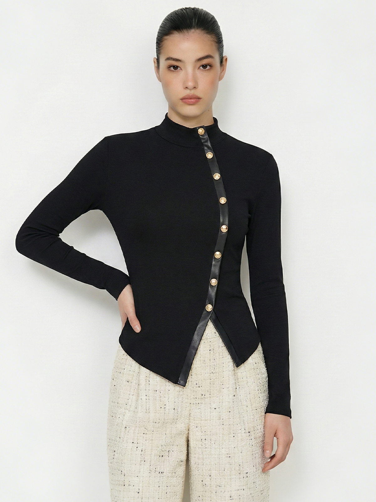 Asymmetrical Knit Top with Faux Leather Accents