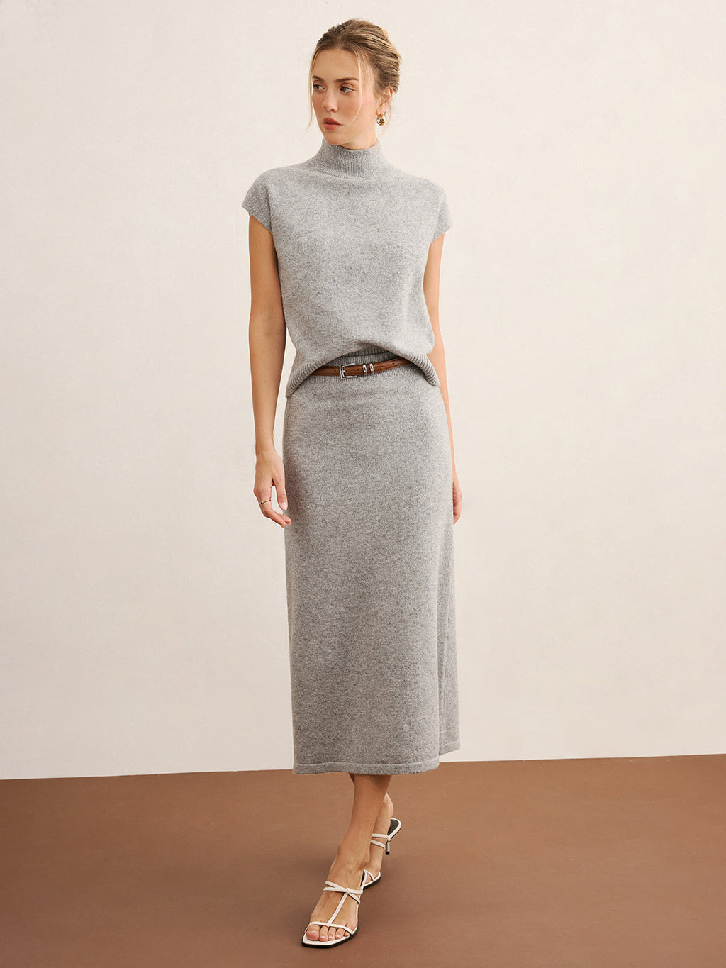 Chic Mock Neck Knit Top with Coordinating Midi Skirt Set