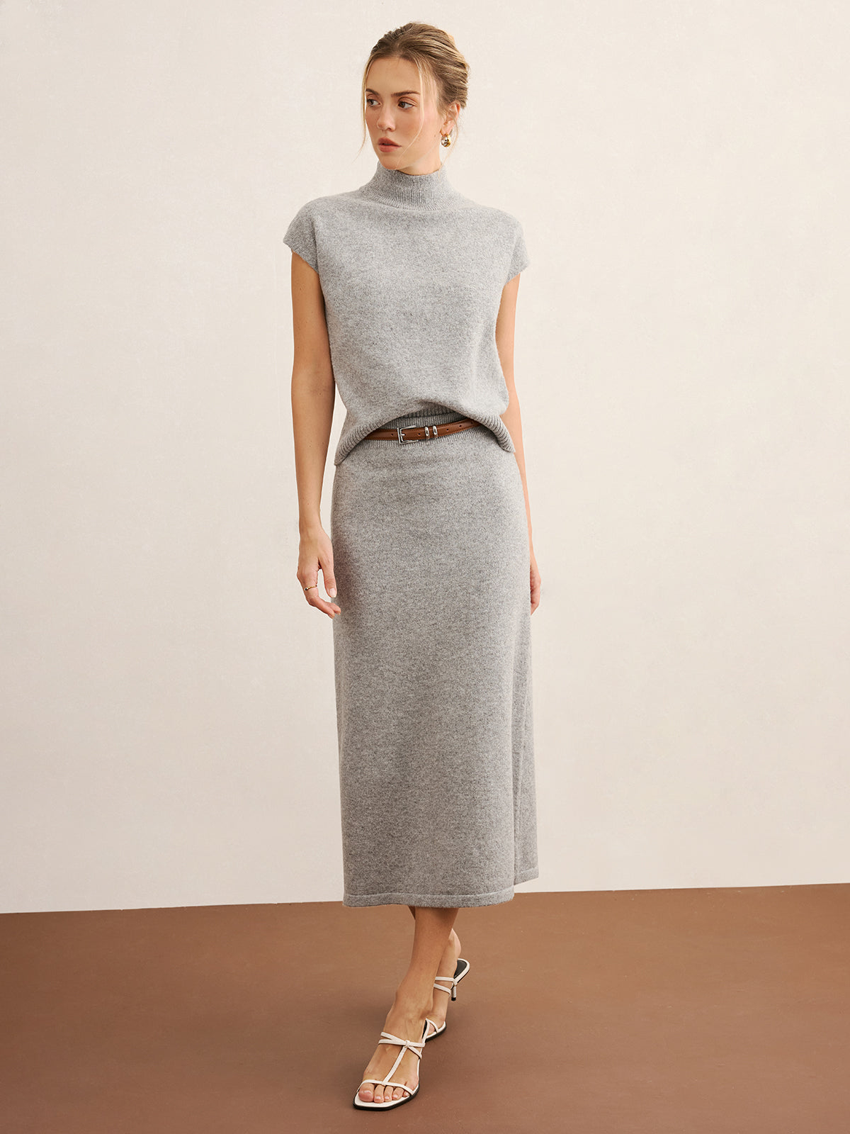 Chic Mock Neck Knit Top with Coordinating Midi Skirt Set