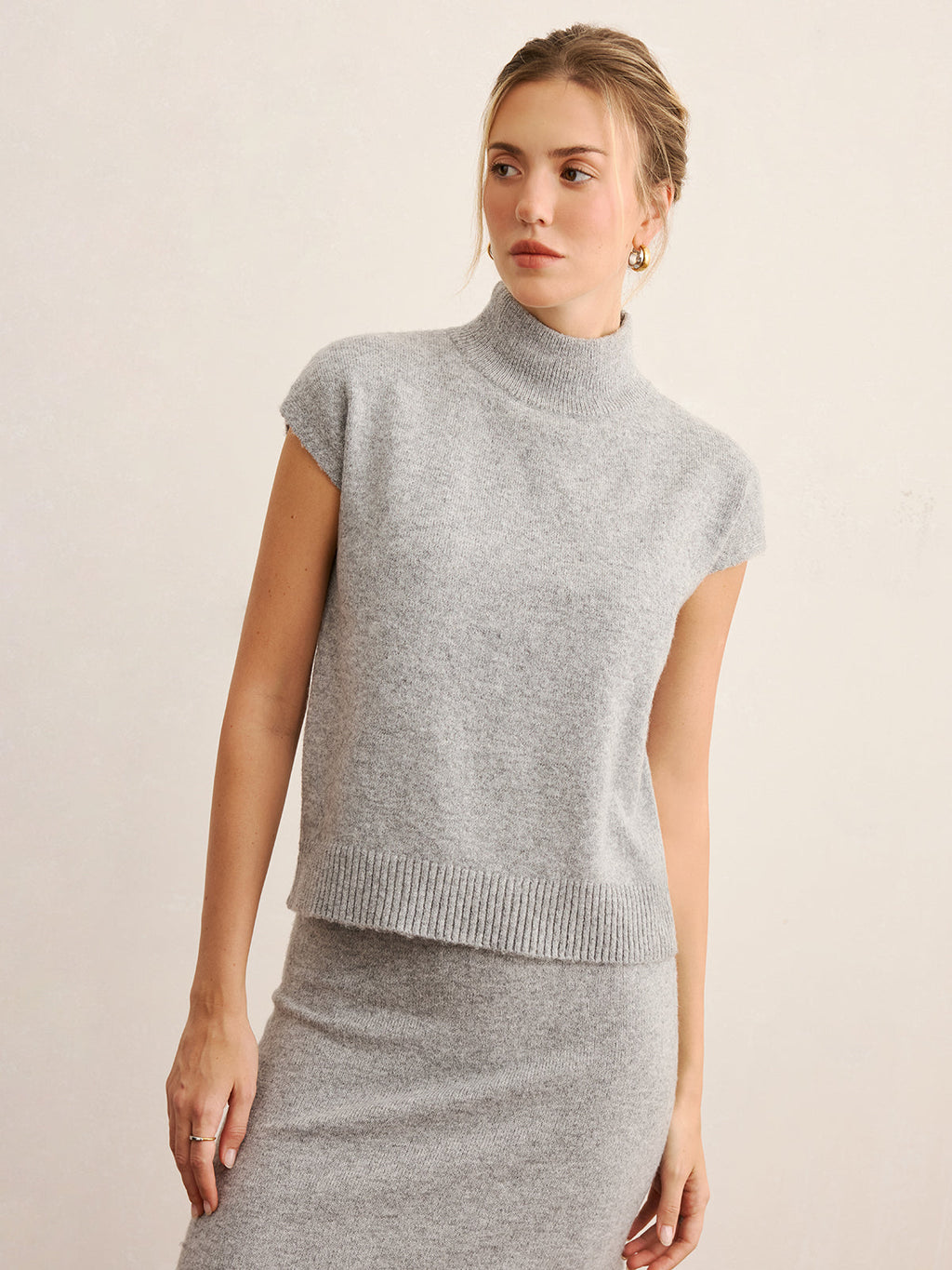 Chic Mock Neck Knit Top with Coordinating Midi Skirt Set