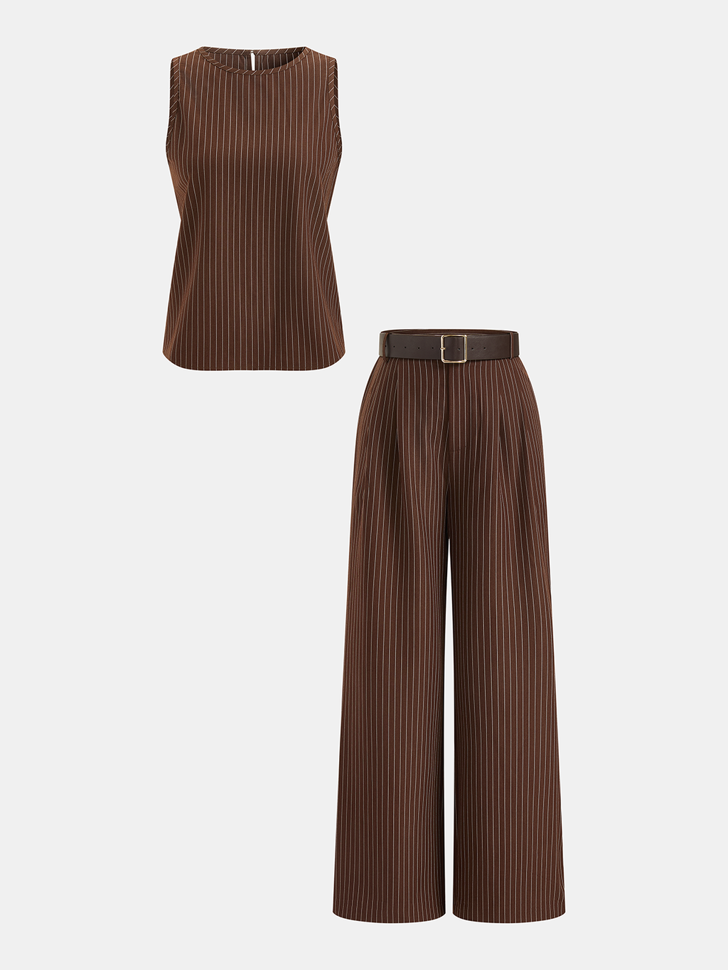 Chic Pinstripe Sleeveless Top and Tailored Pants Ensemble with Belt