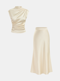 Ruched Satin Top and Midi Skirt Ensemble