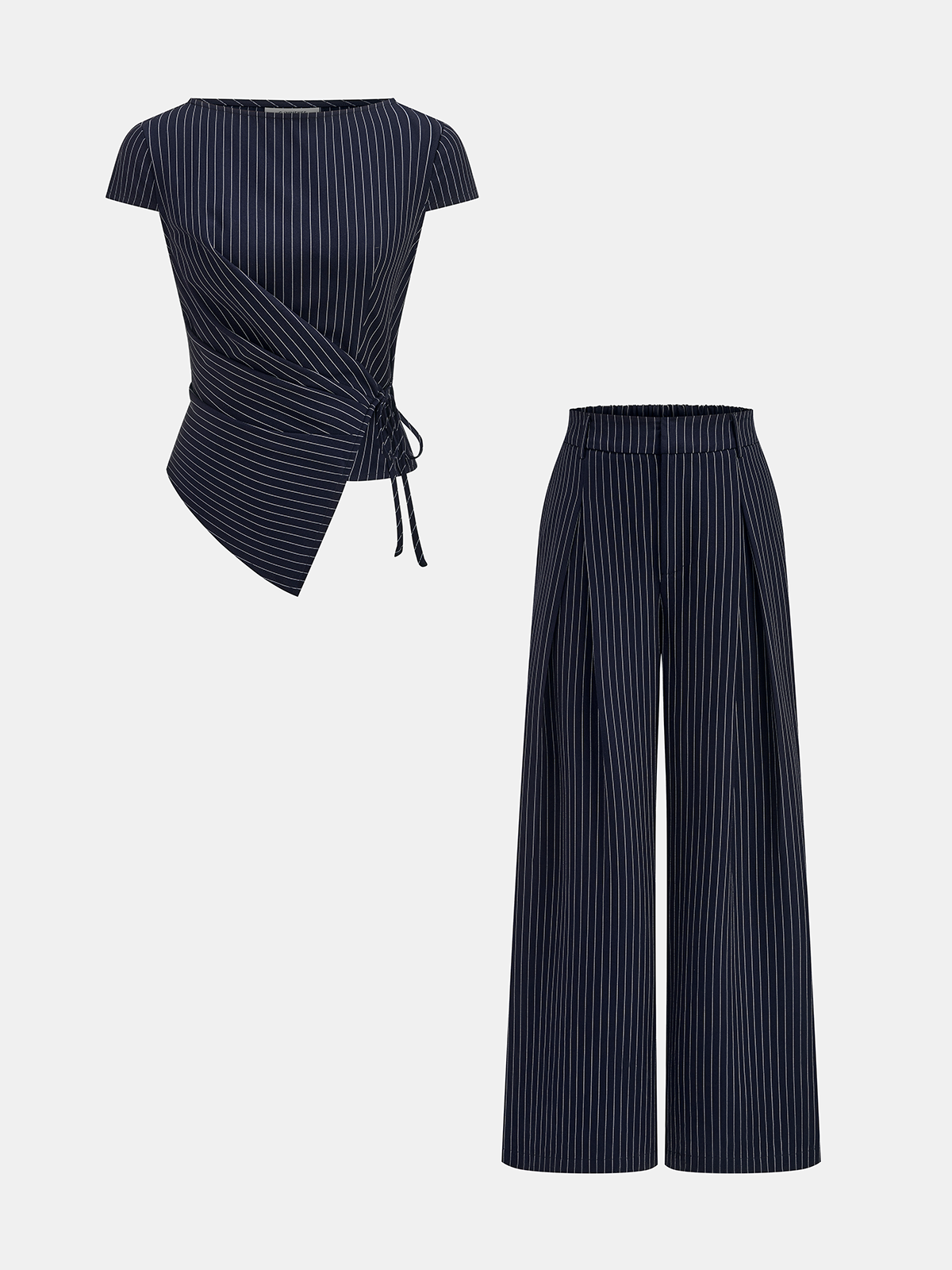 Chic Pinstripe Wrap Top with Coordinating Wide-Leg Trousers