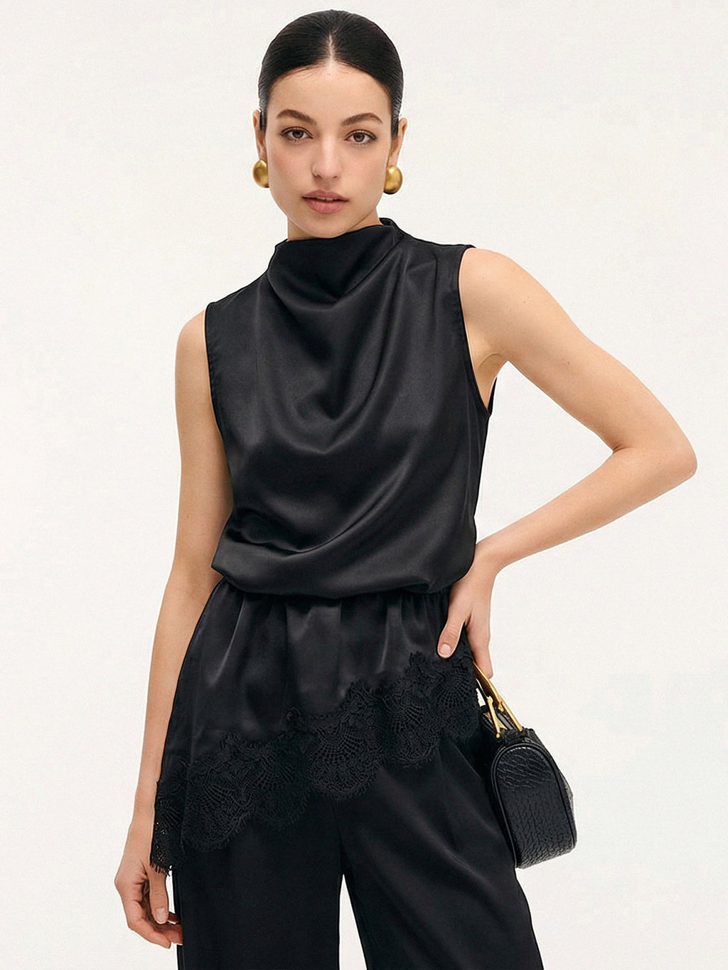 Lace Trim Satin Sleeveless Blouse