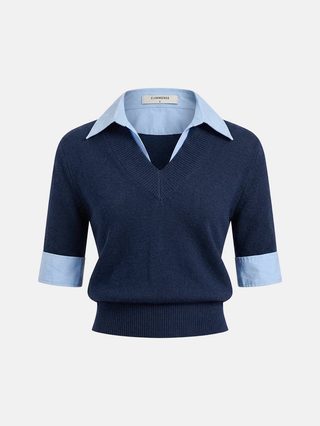 Elbow Sleeve Knit Top with Contrast Collar