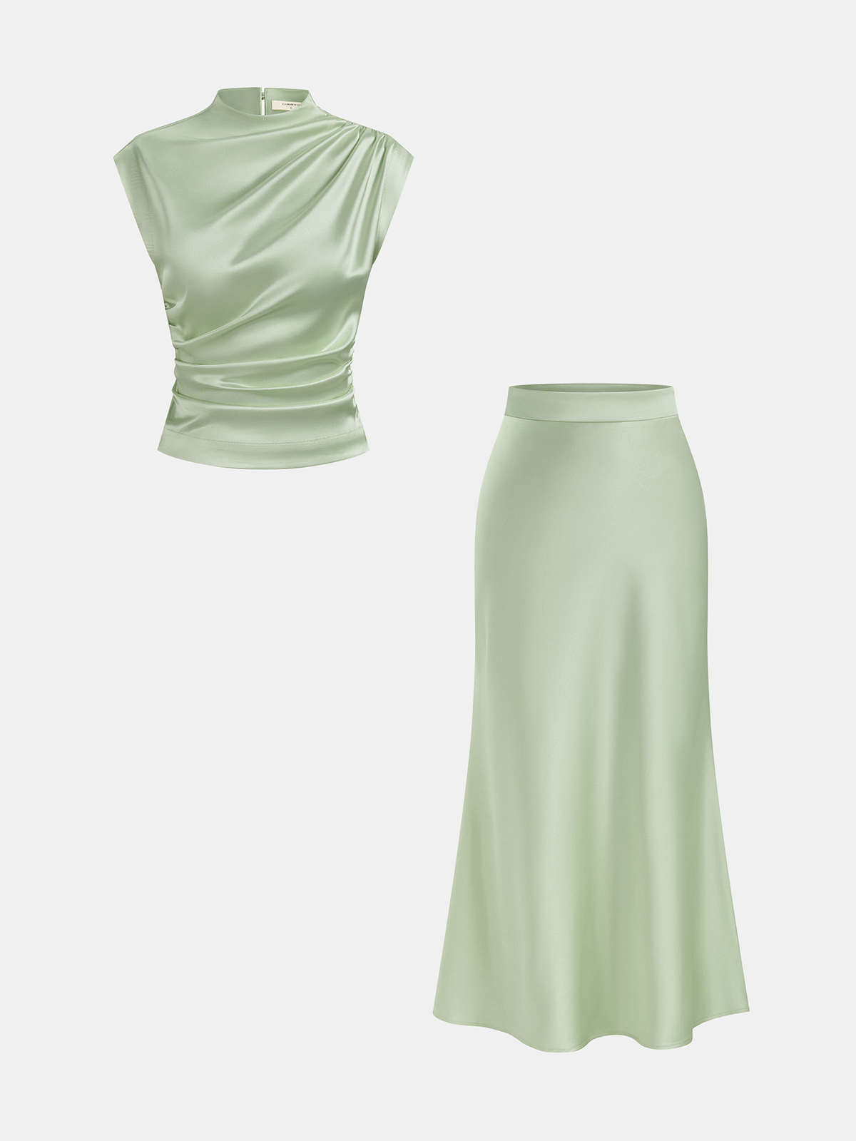 Ruched Satin Top and Midi Skirt Ensemble