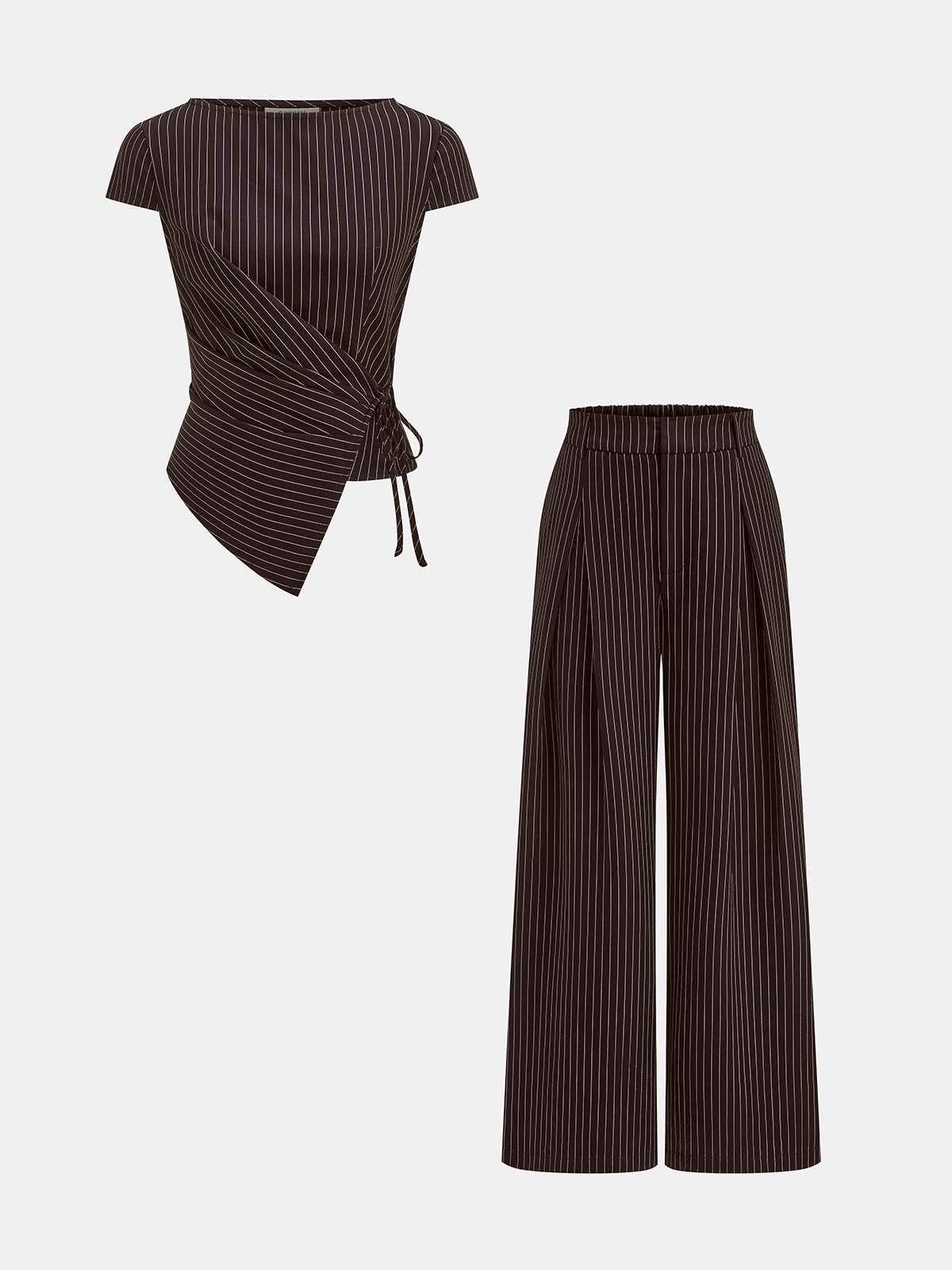 Chic Pinstripe Wrap Top with Coordinating Wide-Leg Trousers
