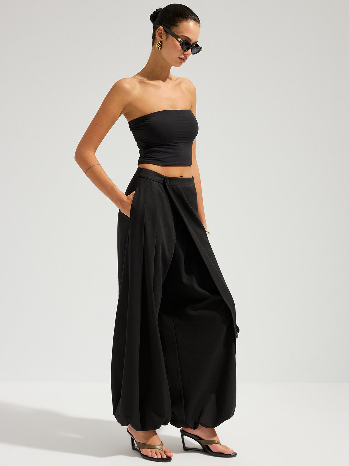 Asymmetrical Overlay Wide-Leg Balloon Trousers