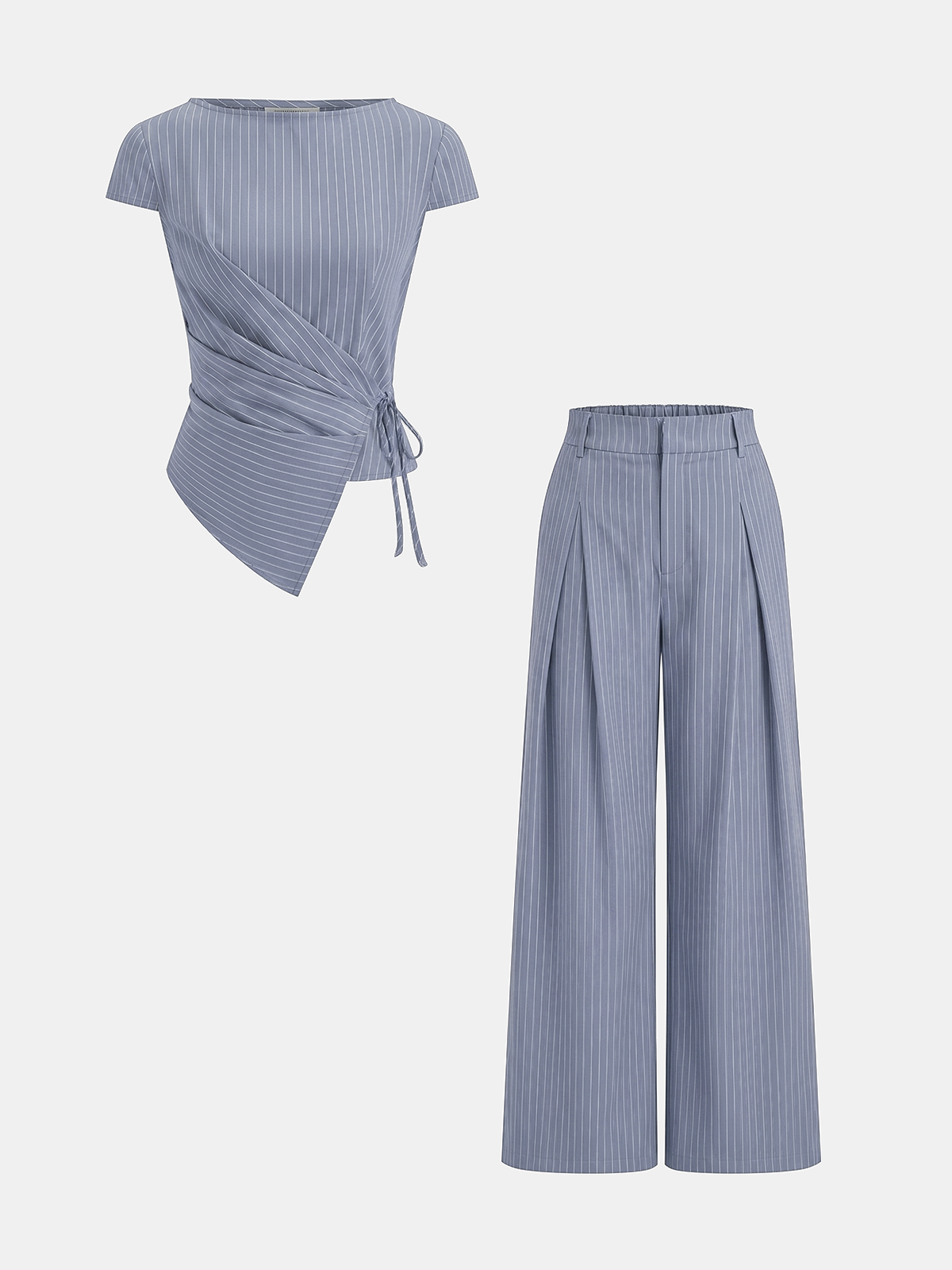 Chic Pinstripe Wrap Top with Coordinating Wide-Leg Trousers