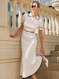 Ribbed Knit Top with Contrast Trim and Maxi Skirt Ensemble