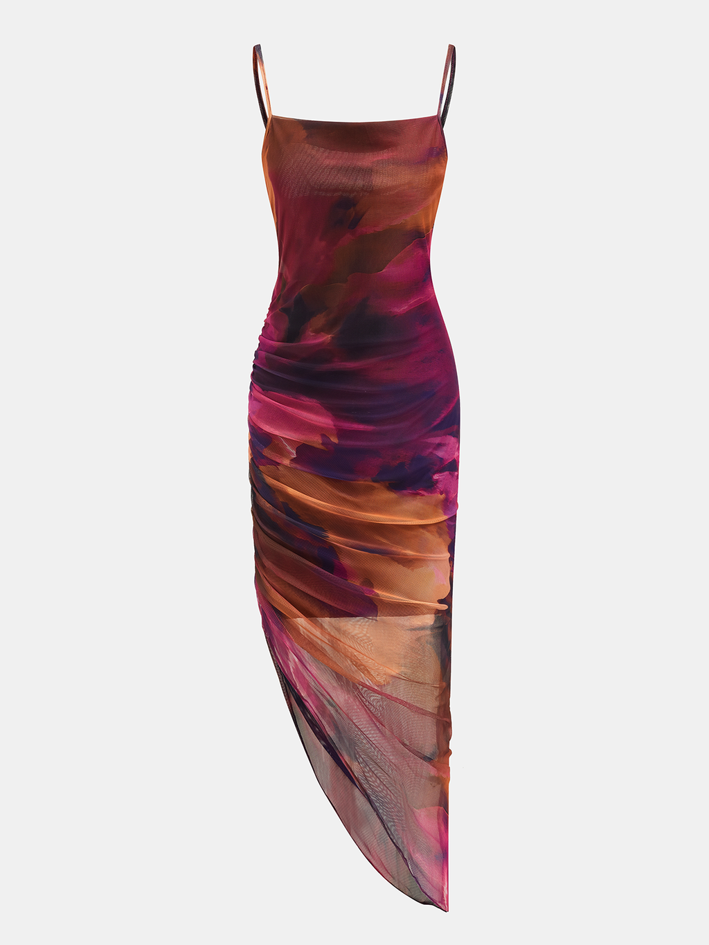 Tie-Dye Mesh Maxi Dress with Asymmetric Hem