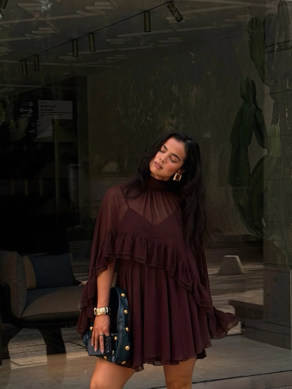 Chiffon Ruffle Dress with Flowing Cape Overlay