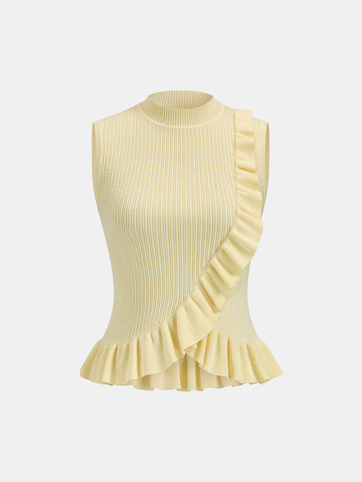 Chic Ribbed High Neck Sleeveless Top with Ruffle Detail