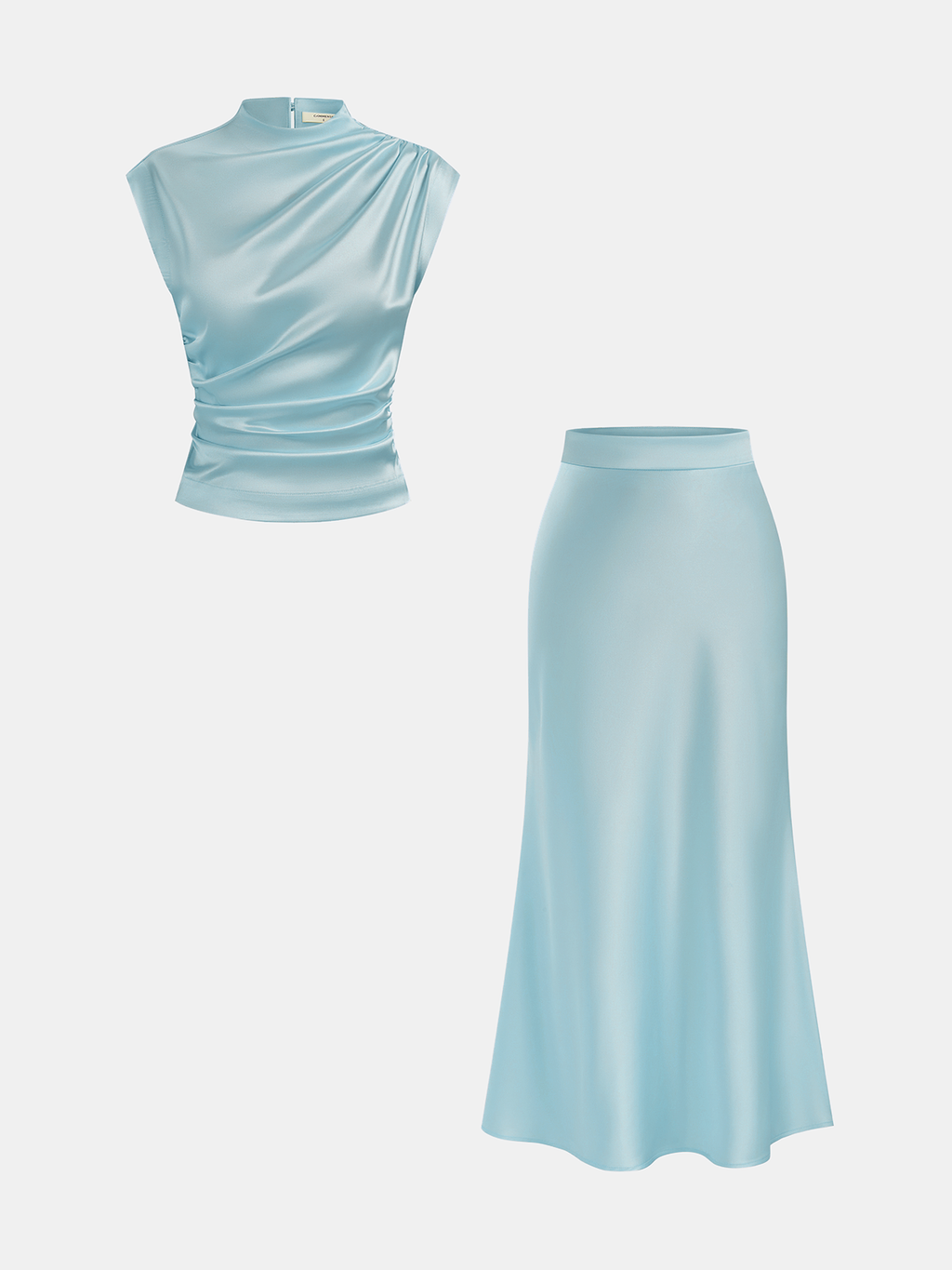 Ruched Satin Top and Midi Skirt Ensemble