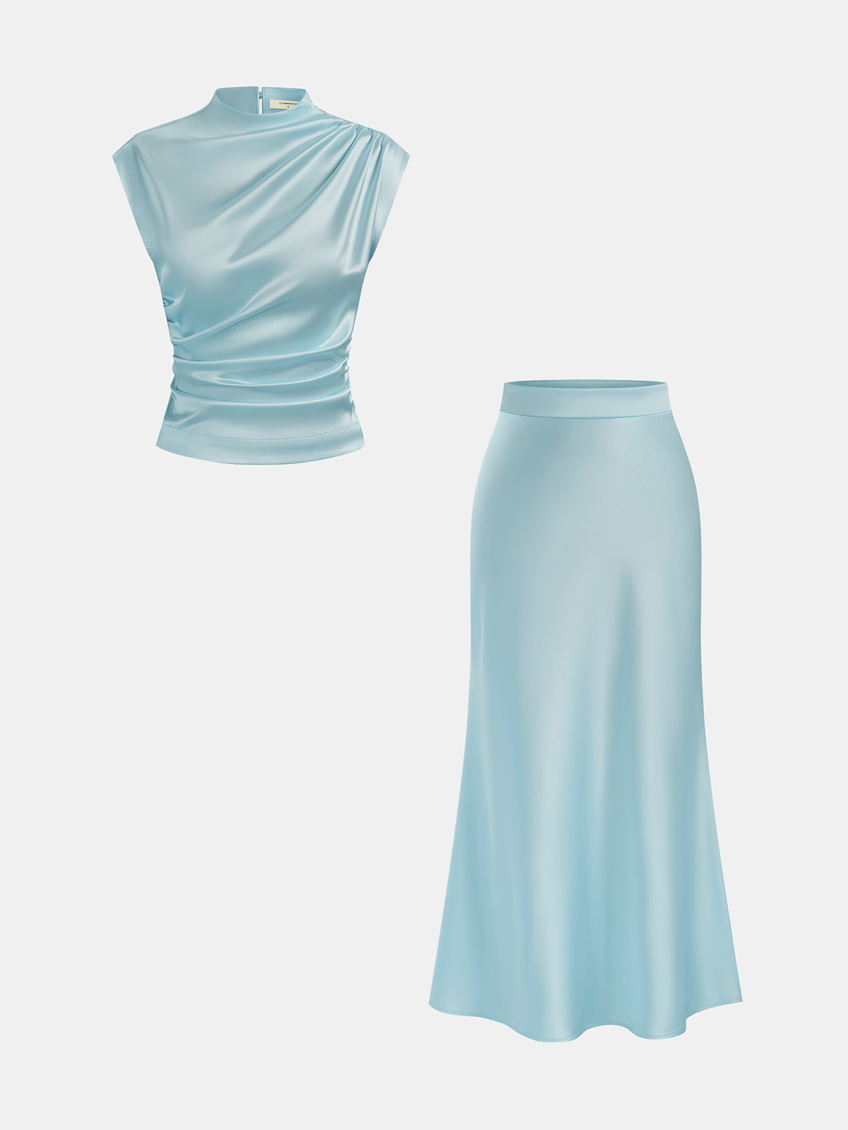 Ruched Satin Top and Midi Skirt Ensemble