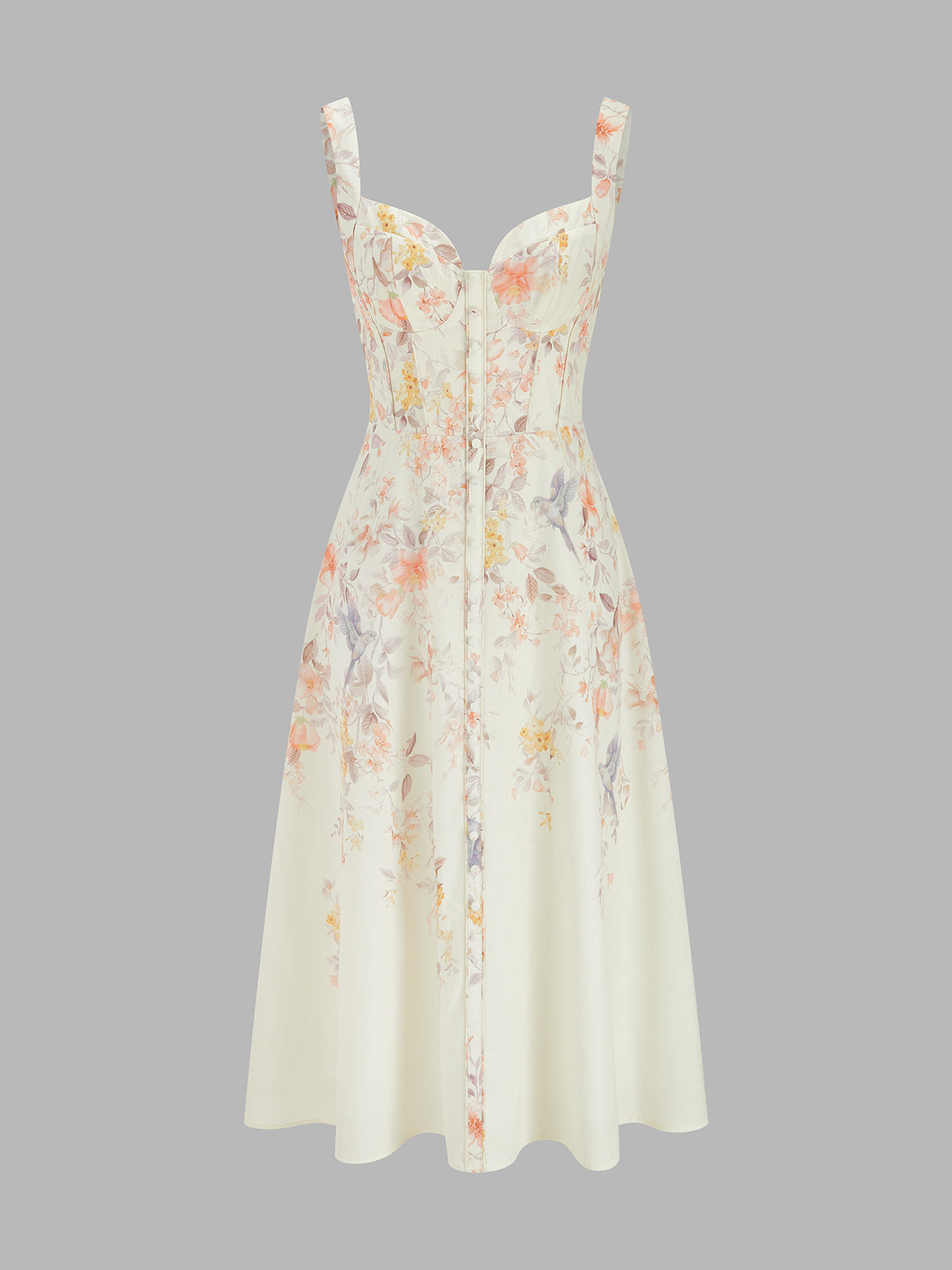 Floral Bird Print Midi Dress with Bustier Detail