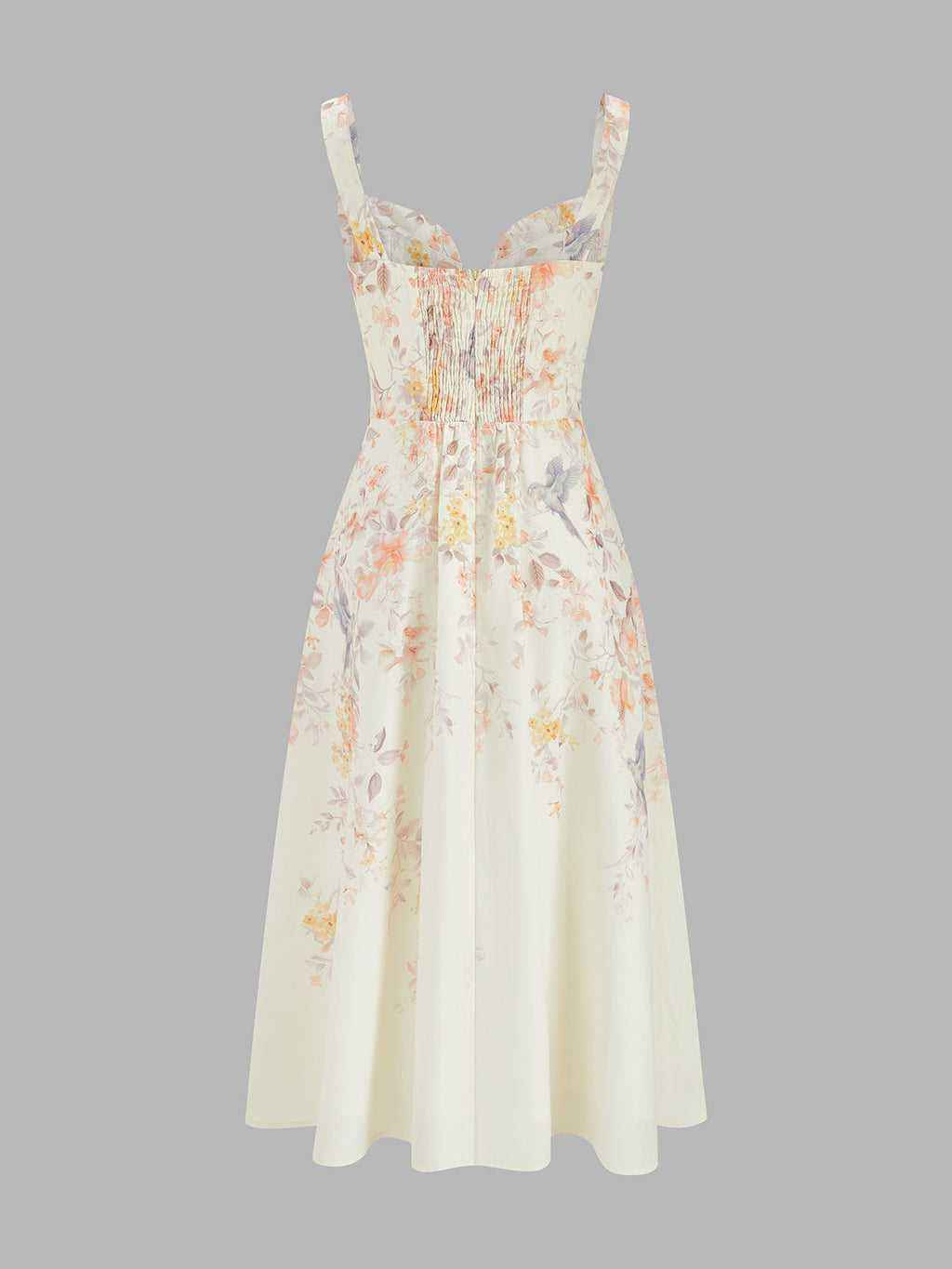 Floral Bird Print Midi Dress with Bustier Detail