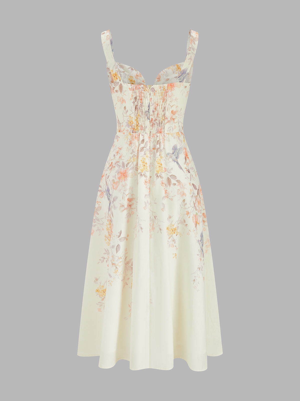 Floral Bird Print Midi Dress with Bustier Detail