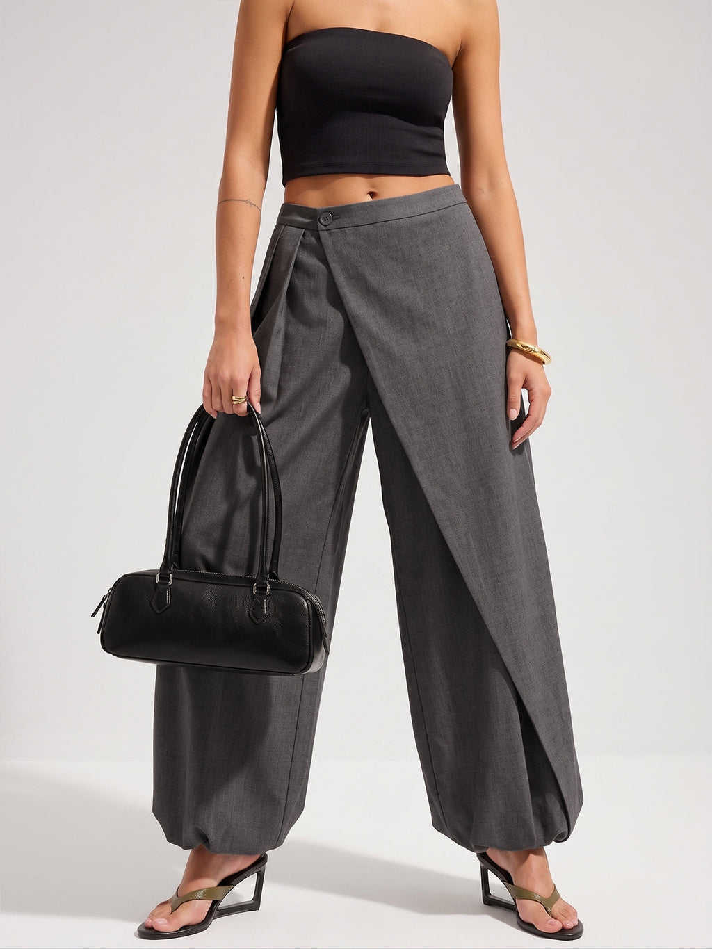 Asymmetrical Overlay Wide-Leg Balloon Trousers