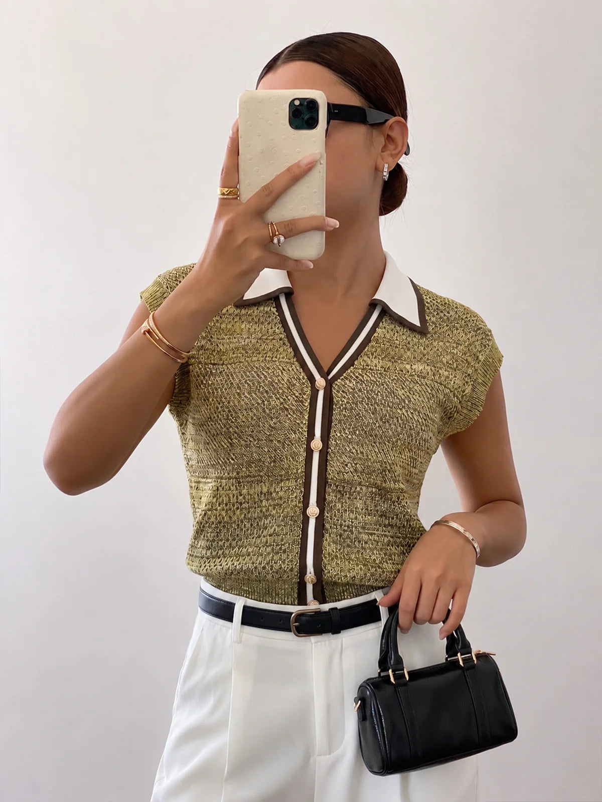 Textured Knit Top with Contrast Trim Details