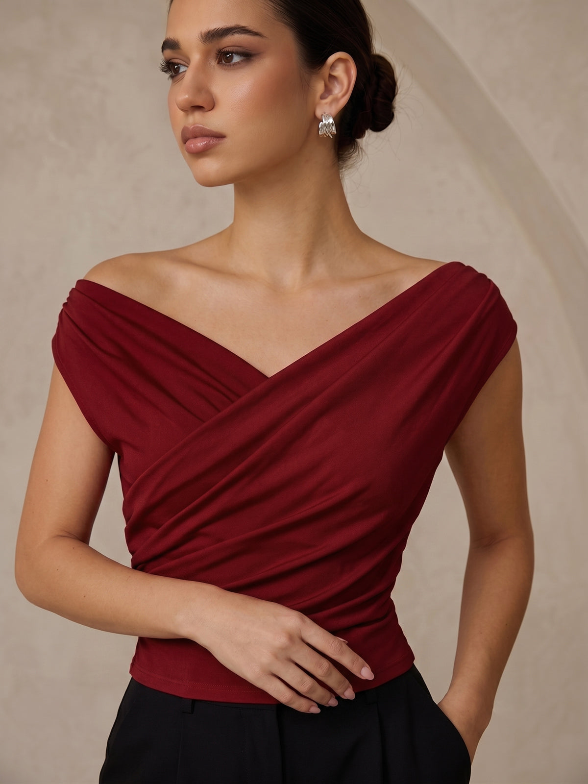 Ruched Blouse with Asymmetric Neckline
