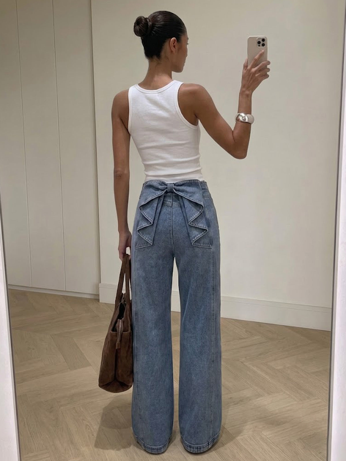 High-Waist Wide-Leg Jeans with Bow Detail