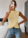 Chic Ribbed High Neck Sleeveless Top with Ruffle Detail