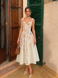 Floral Bird Print Midi Dress with Bustier Detail