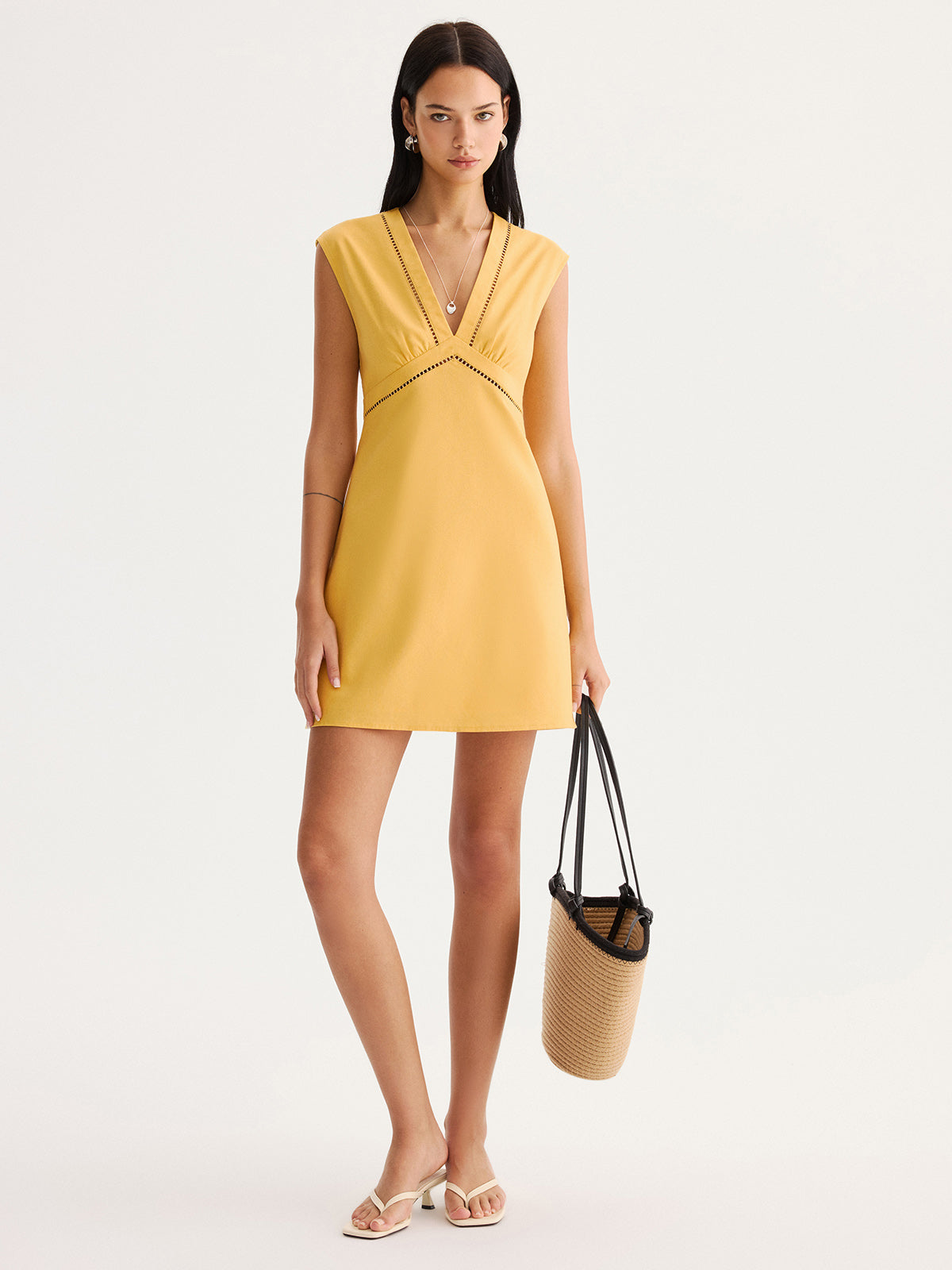 Sleeveless Mini Dress with Eyelet Trim in Linen Blend