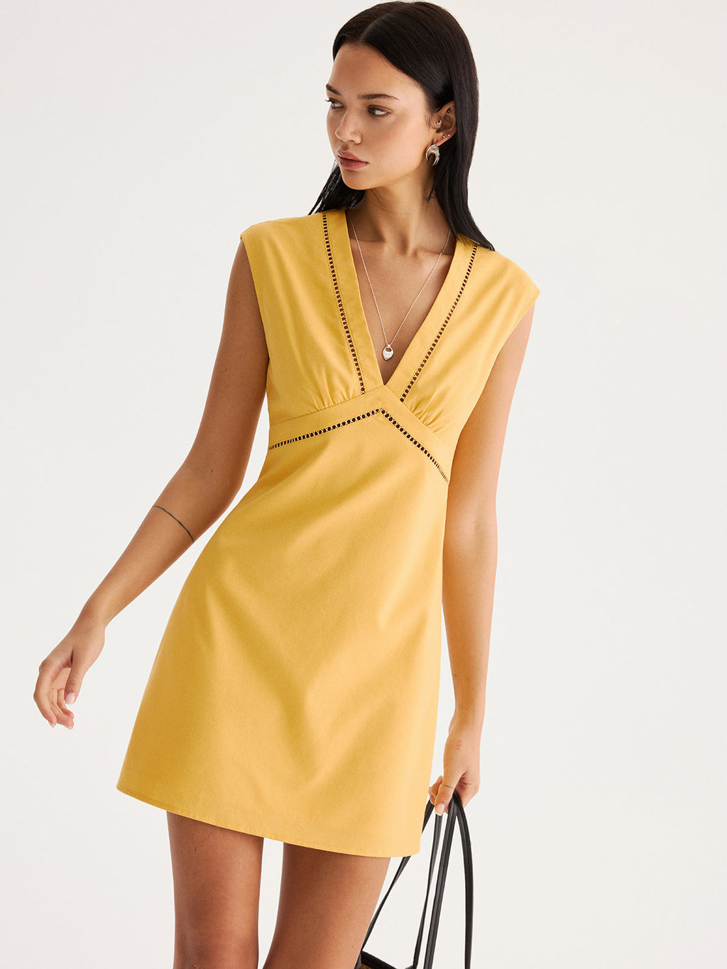Sleeveless Mini Dress with Eyelet Trim in Linen Blend