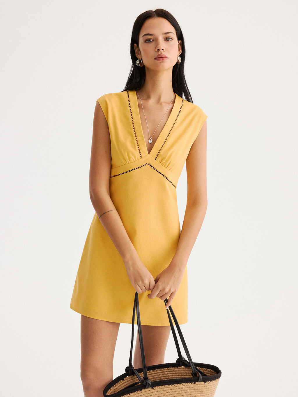Sleeveless Mini Dress with Eyelet Trim in Linen Blend