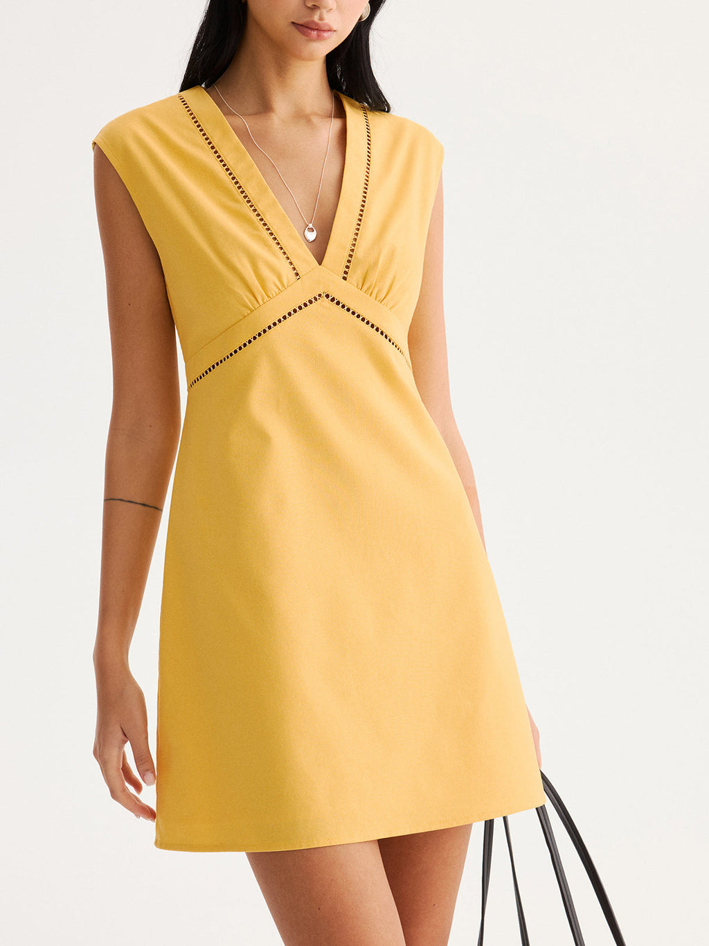 Sleeveless Mini Dress with Eyelet Trim in Linen Blend