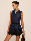 Chic Sleeveless Polo Top with Lace-Hem Shorts Ensemble