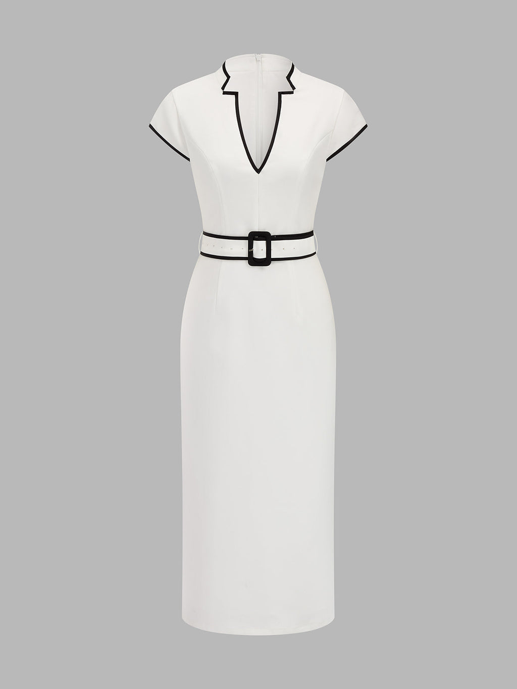 Belted Pencil Midi Dress with Contrast Trim