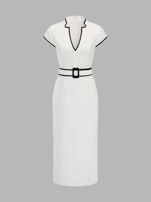 Belted Pencil Midi Dress with Contrast Trim