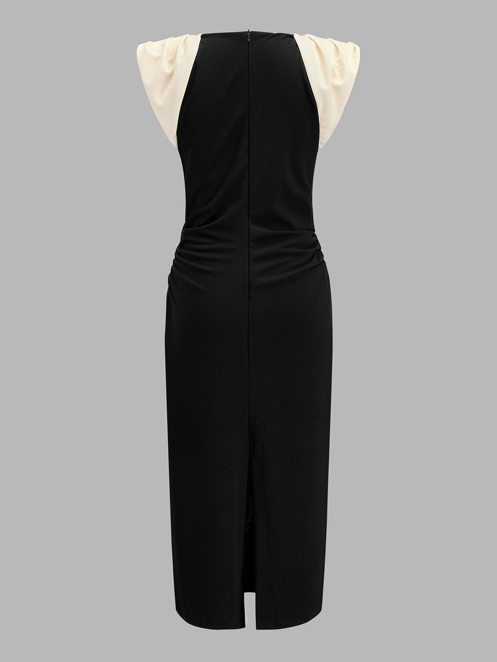 V-Neck Midi Dress with Color Block and Ruched Details
