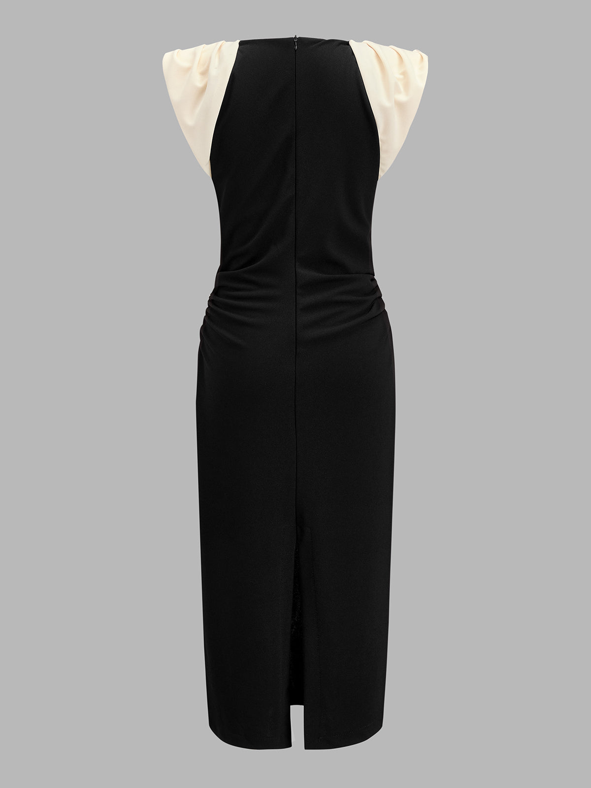 V-Neck Midi Dress with Color Block and Ruched Details