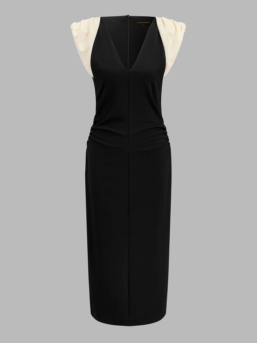V-Neck Midi Dress with Color Block and Ruched Details