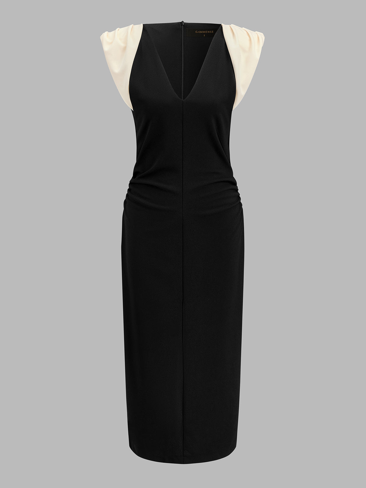 V-Neck Midi Dress with Color Block and Ruched Details