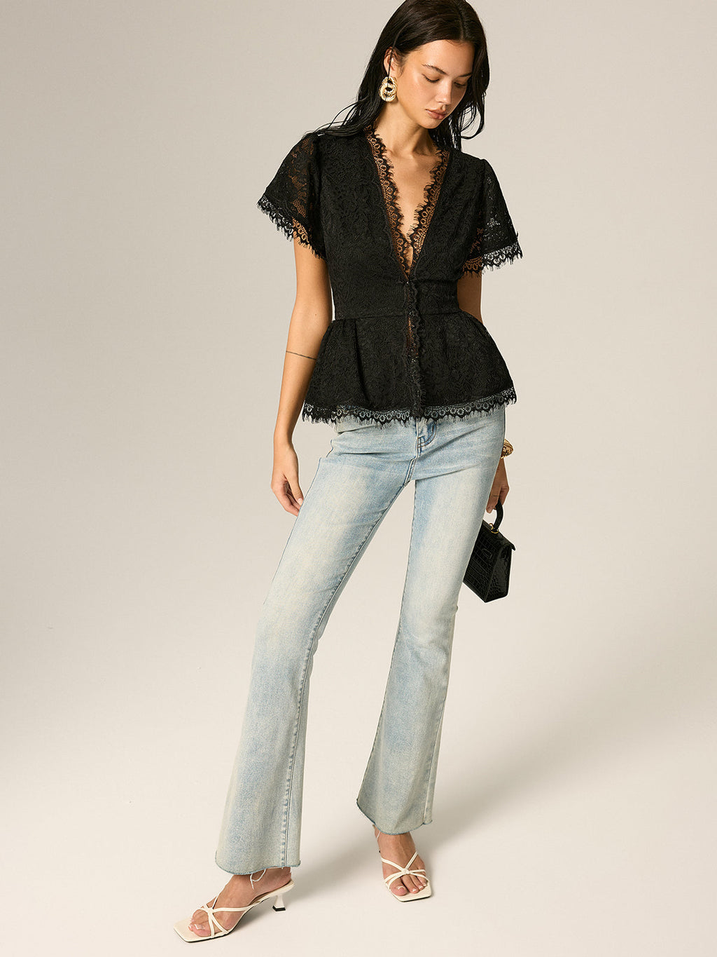 Fringe Lace Peplum Top with V-Neck and Short Sleeves
