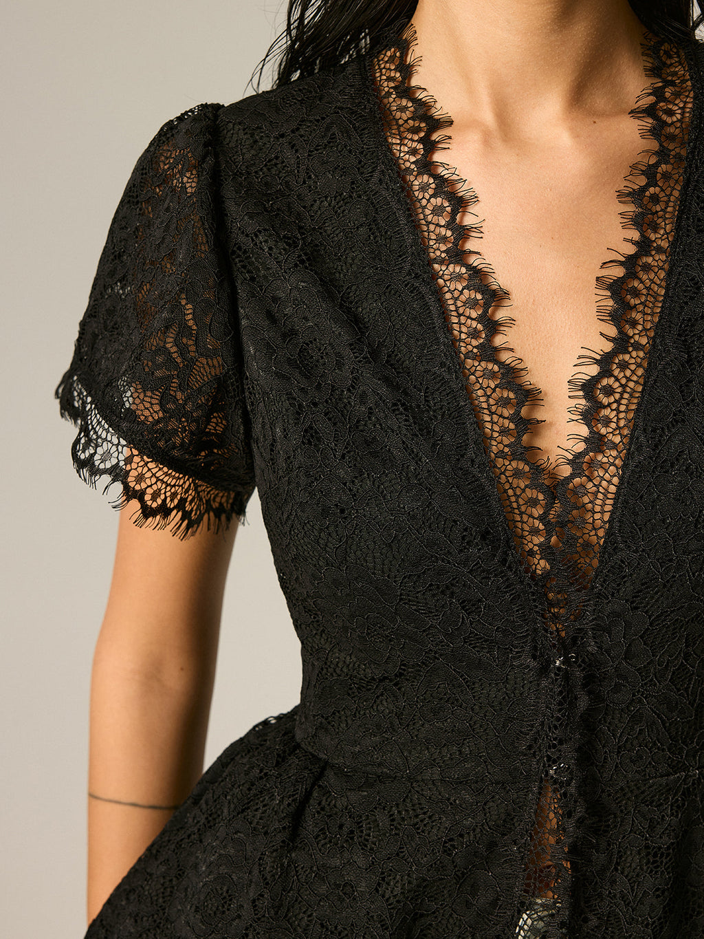 Fringe Lace Peplum Top with V-Neck and Short Sleeves