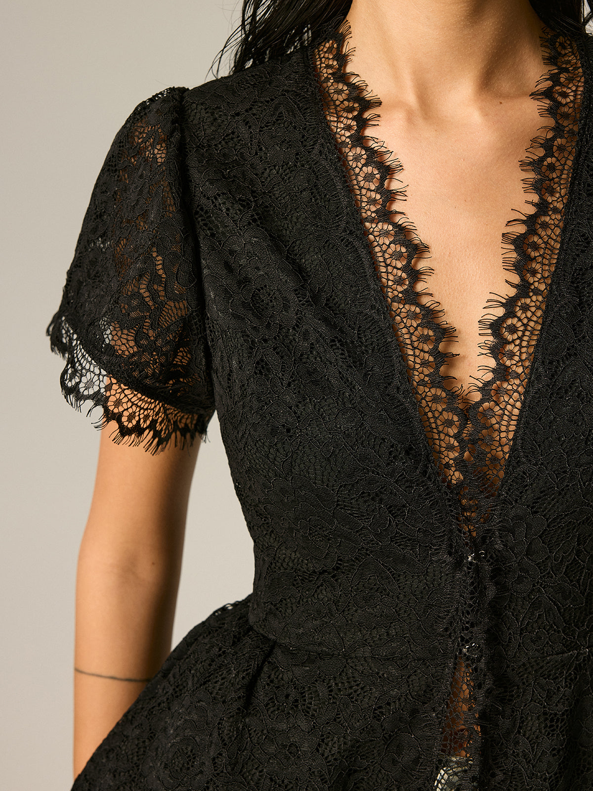 Fringe Lace Peplum Top with V-Neck and Short Sleeves