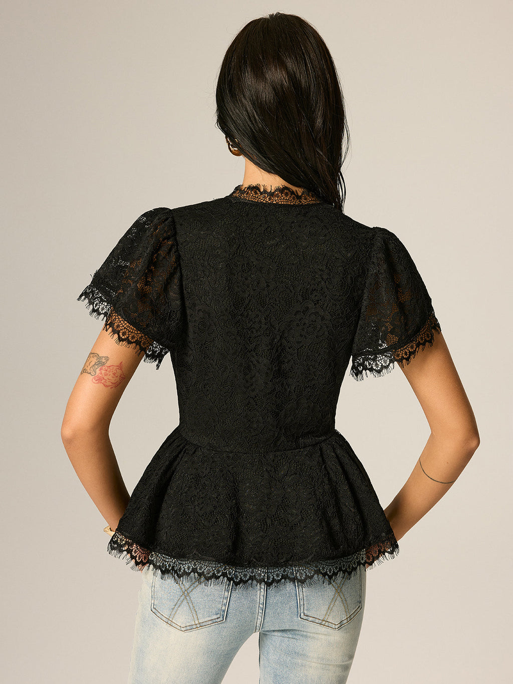 Fringe Lace Peplum Top with V-Neck and Short Sleeves