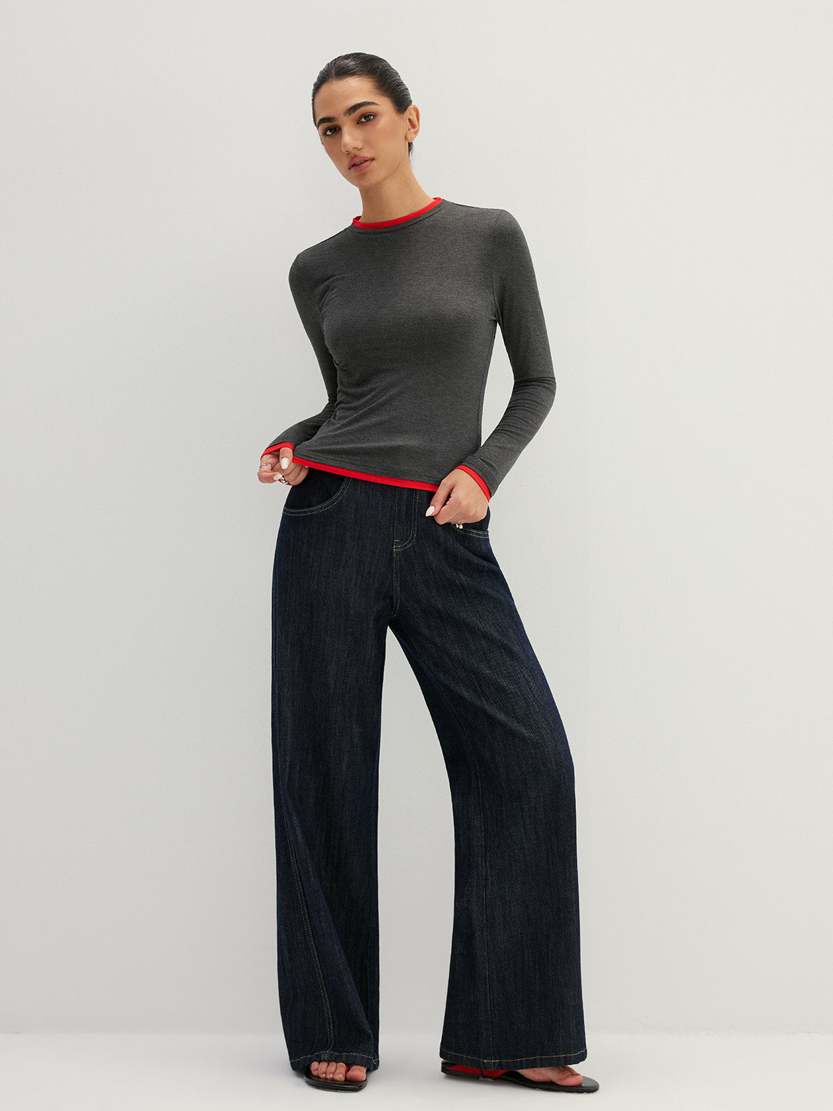 Layered Look Long Sleeve Top with Contrast Trim
