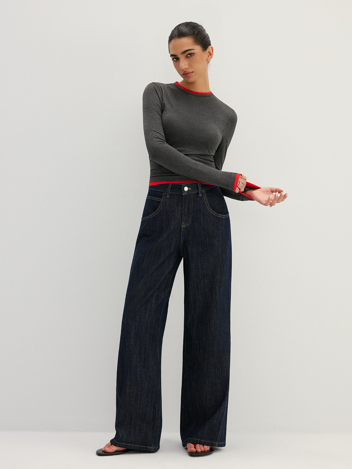 Layered Look Long Sleeve Top with Contrast Trim
