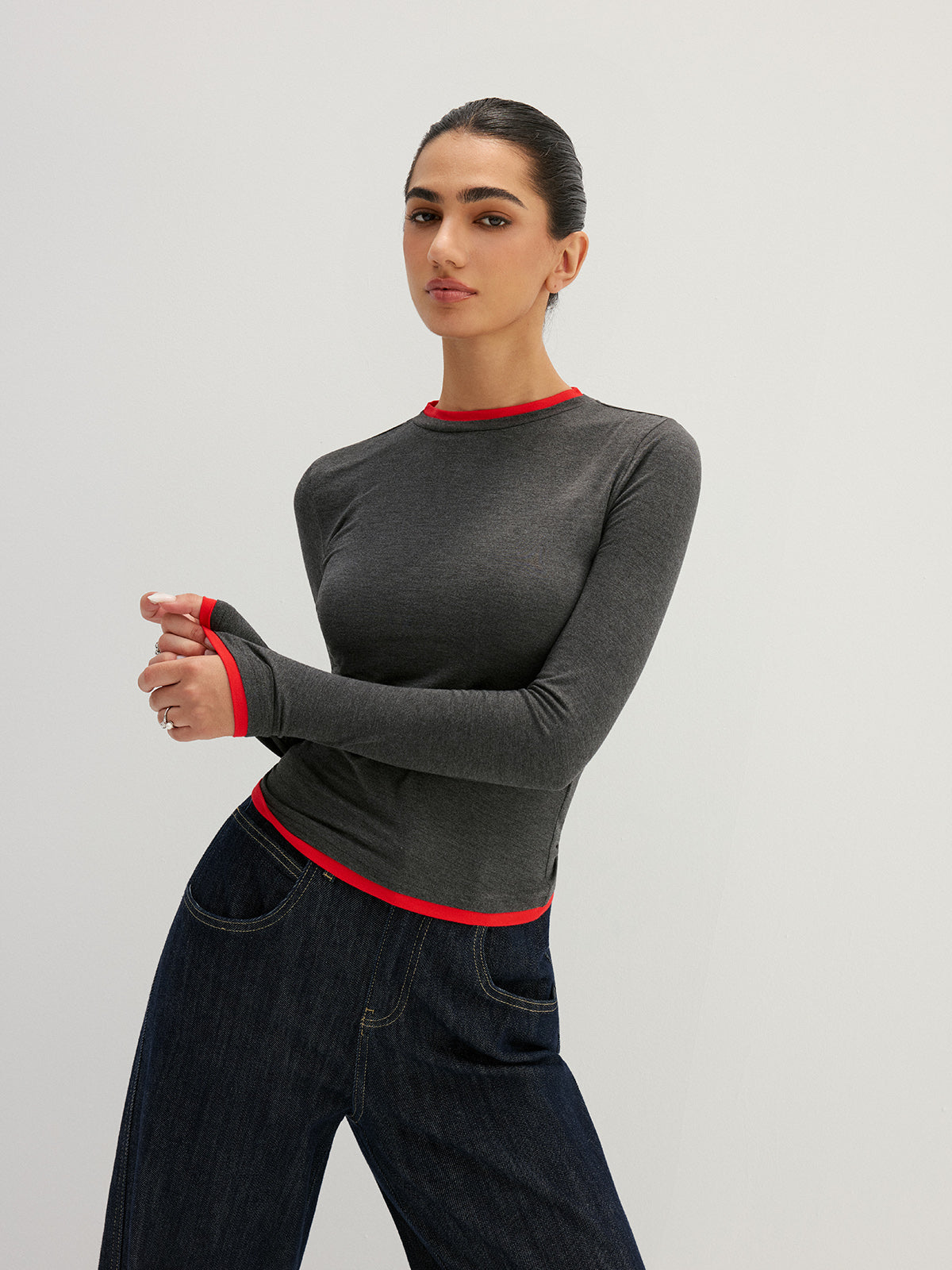 Layered Look Long Sleeve Top with Contrast Trim