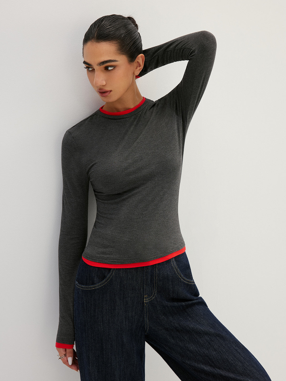 Layered Look Long Sleeve Top with Contrast Trim