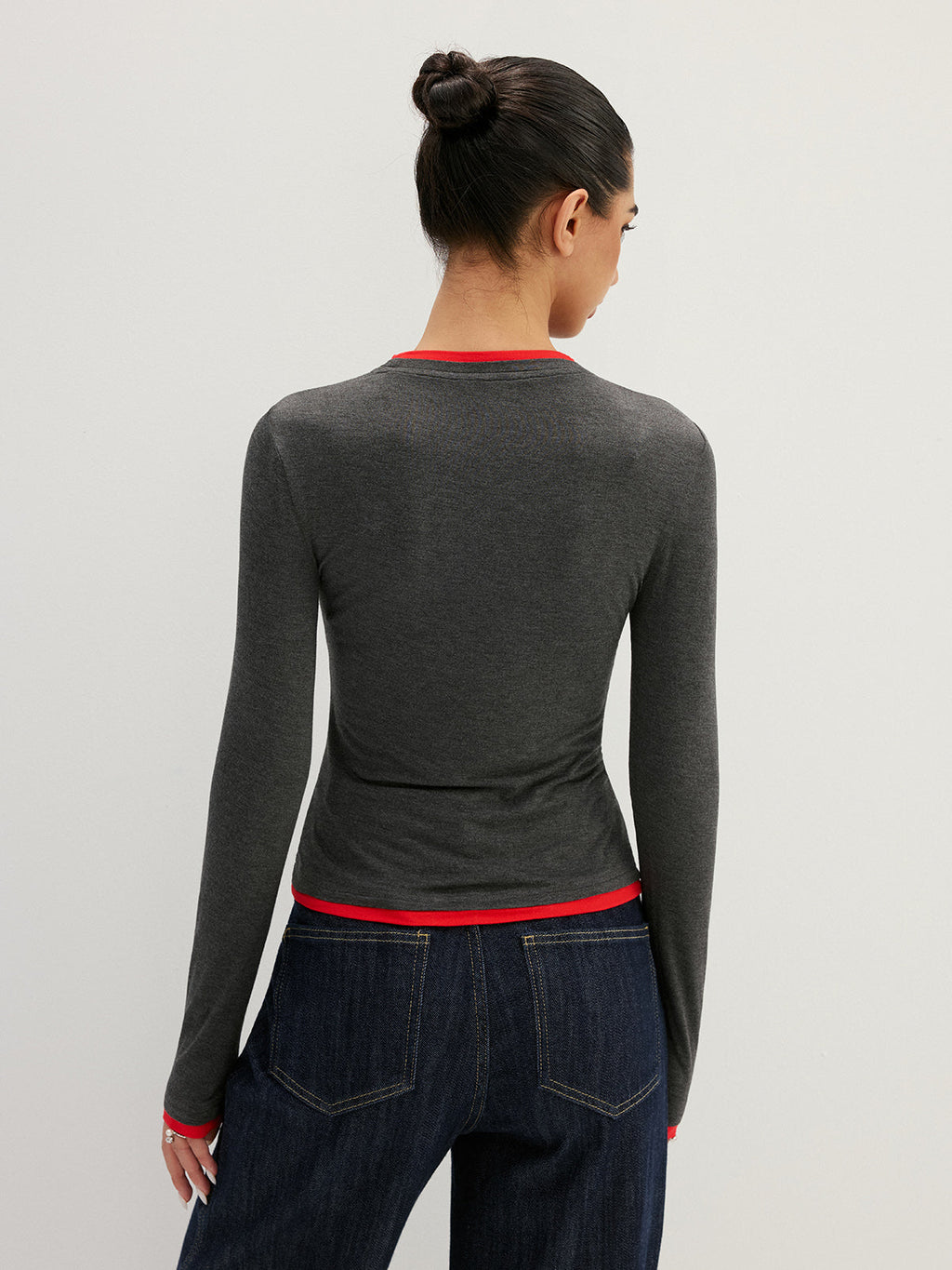 Layered Look Long Sleeve Top with Contrast Trim